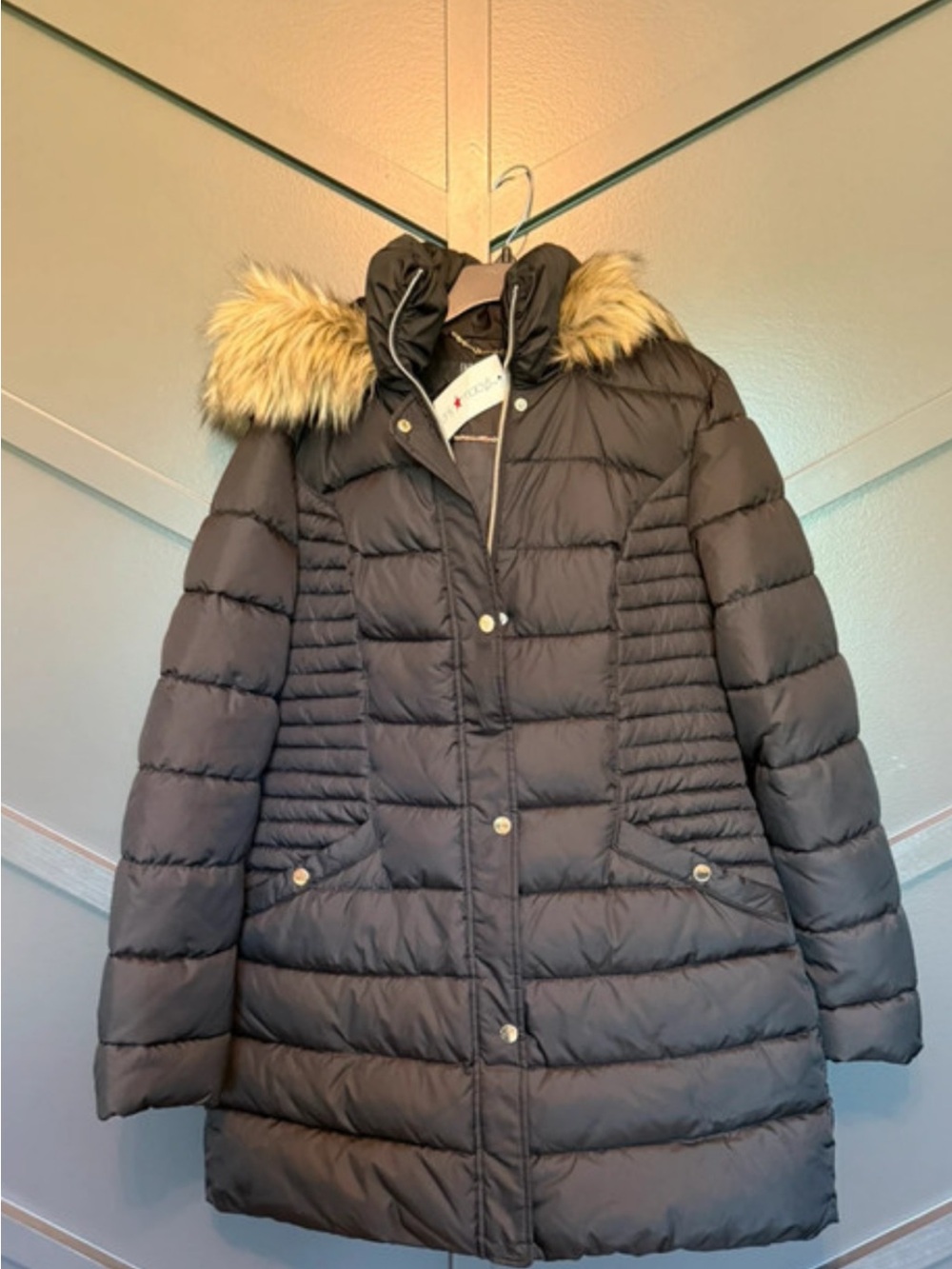 INC International Concepts Charcoal Quilted Puffer Coat with Faux Fur Trim Hood